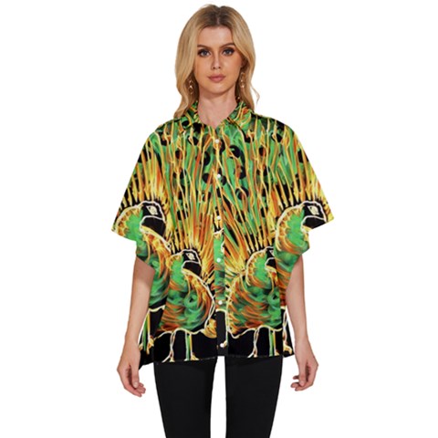 Unusual Peacock Drawn With Flame Lines Women s Batwing Button Up Shirt by Ket1n9