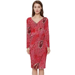 Red Peacock Floral Embroidered Long Qipao Traditional Chinese Cheongsam Mandarin Long Sleeve V-neck Bodycon Dress  by Ket1n9