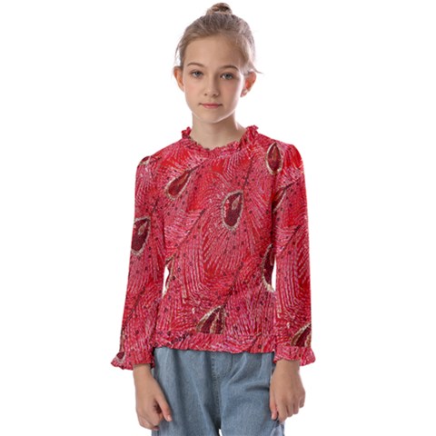 Red Peacock Floral Embroidered Long Qipao Traditional Chinese Cheongsam Mandarin Kids  Frill Detail T-shirt by Ket1n9