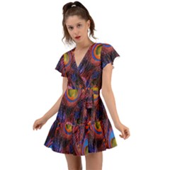 Pretty Peacock Feather Flutter Sleeve Wrap Dress by Ket1n9