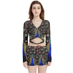 Peacock Velvet Wrap Crop Top And Shorts Set by Ket1n9