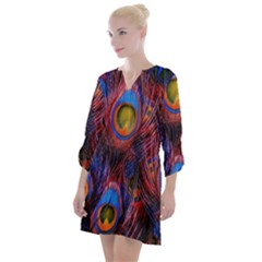 Pretty Peacock Feather Open Neck Shift Dress by Ket1n9