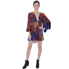 Pretty Peacock Feather V-neck Flare Sleeve Mini Dress by Ket1n9