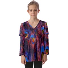 Pretty Peacock Feather Kids  V Neck Casual Top by Ket1n9