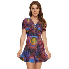 Pretty Peacock Feather V-neck High Waist Chiffon Mini Dress by Ket1n9