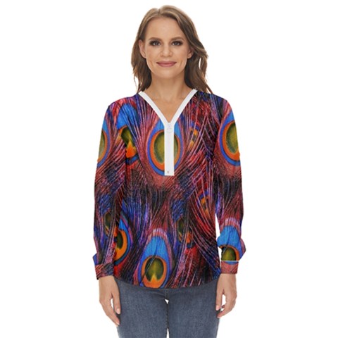 Pretty Peacock Feather Zip Up Long Sleeve Blouse by Ket1n9