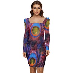 Pretty Peacock Feather Women Long Sleeve Ruched Stretch Jersey Dress by Ket1n9