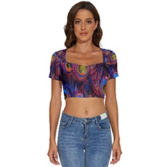 Pretty Peacock Feather Short Sleeve Square Neckline Crop Top  by Ket1n9