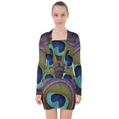 Peacock Feather V-neck Bodycon Long Sleeve Dress by Ket1n9