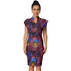 Pretty Peacock Feather Vintage Frill Sleeve V-neck Bodycon Dress by Ket1n9