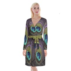 Peacock Feather Long Sleeve Velvet Front Wrap Dress by Ket1n9