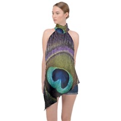 Peacock Feather Halter Asymmetric Satin Top by Ket1n9