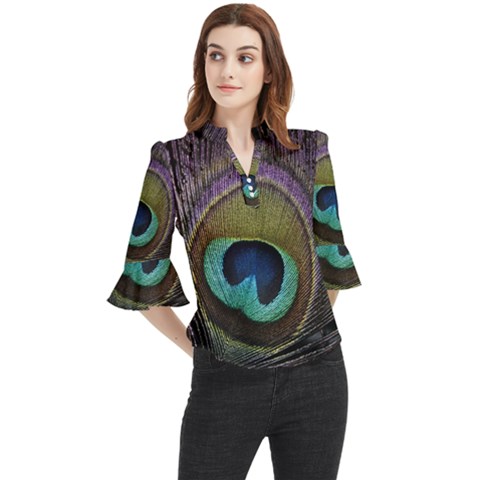 Peacock Feather Loose Horn Sleeve Chiffon Blouse by Ket1n9