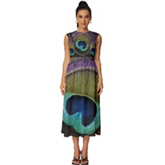 Peacock Feather Sleeveless Round Neck Midi Dress by Ket1n9