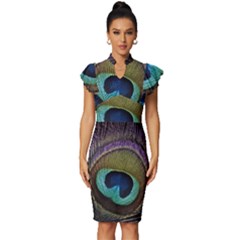 Peacock Feather Vintage Frill Sleeve V-neck Bodycon Dress by Ket1n9