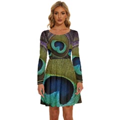 Peacock Feather Long Sleeve Wide Neck Velvet Dress by Ket1n9