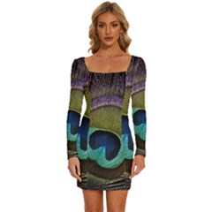 Peacock Feather Long Sleeve Square Neck Bodycon Velvet Dress by Ket1n9