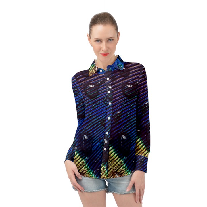 Peacock Feather Retina Mac Long Sleeve Chiffon Shirt