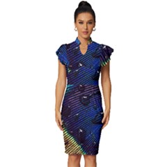 Peacock Feather Retina Mac Vintage Frill Sleeve V-neck Bodycon Dress by Ket1n9