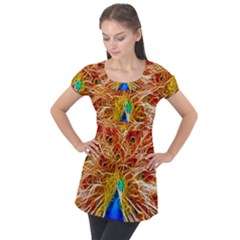 Fractal Peacock Art Puff Sleeve Tunic Top by Ket1n9