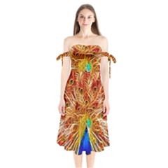 Fractal Peacock Art Shoulder Tie Bardot Midi Dress