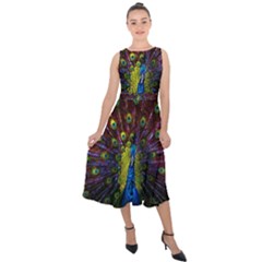 Beautiful Peacock Feather Midi Tie-back Chiffon Dress by Ket1n9