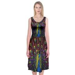 Beautiful Peacock Feather Midi Sleeveless Dress by Ket1n9