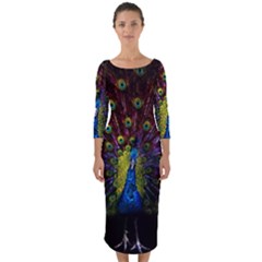 Beautiful Peacock Feather Quarter Sleeve Midi Bodycon Dress by Ket1n9