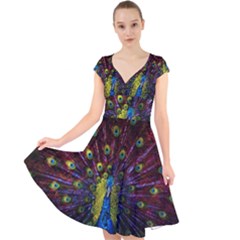 Beautiful Peacock Feather Cap Sleeve Front Wrap Midi Dress by Ket1n9