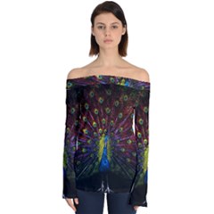 Beautiful Peacock Feather Off Shoulder Long Sleeve Top by Ket1n9