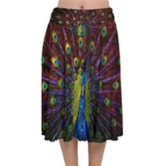 Beautiful Peacock Feather Velvet Flared Midi Skirt by Ket1n9