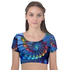 Top Peacock Feathers Velvet Short Sleeve Crop Top  by Ket1n9