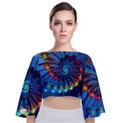 Top Peacock Feathers Tie Back Butterfly Sleeve Chiffon Top by Ket1n9