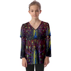 Beautiful Peacock Feather Kids  V Neck Casual Top by Ket1n9