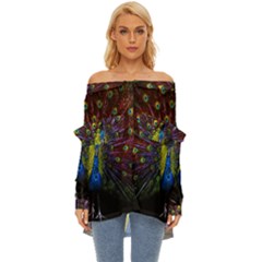 Beautiful Peacock Feather Off Shoulder Chiffon Pocket Shirt by Ket1n9