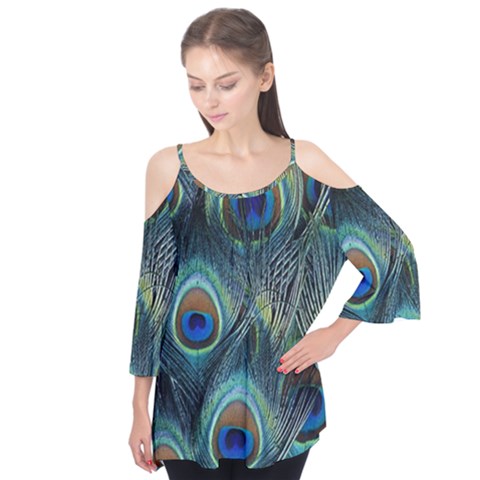 Feathers Art Peacock Sheets Patterns Flutter Sleeve T-shirt  by Ket1n9