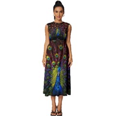 Beautiful Peacock Feather Sleeveless Round Neck Midi Dress by Ket1n9