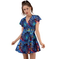 Top Peacock Feathers Flutter Sleeve Wrap Dress by Ket1n9