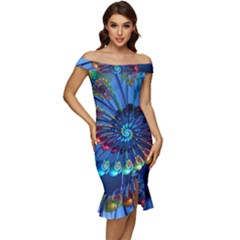 Top Peacock Feathers Off Shoulder Ruffle Split Hem Bodycon Dress by Ket1n9