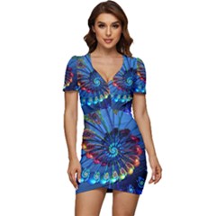 Top Peacock Feathers Low Cut Cap Sleeve Mini Dress by Ket1n9