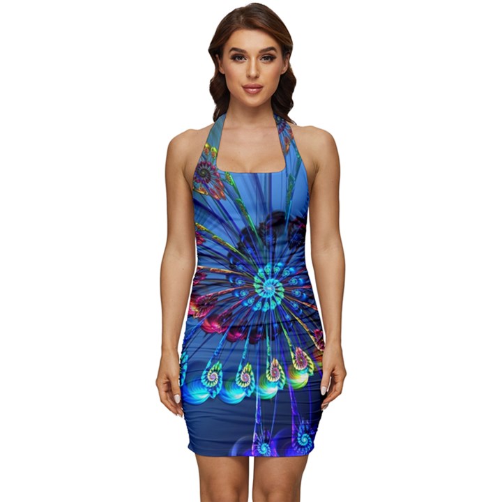 Top Peacock Feathers Sleeveless Wide Square Neckline Ruched Bodycon Dress