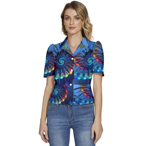 Top Peacock Feathers Puffed Short Sleeve Button Up Jacket by Ket1n9