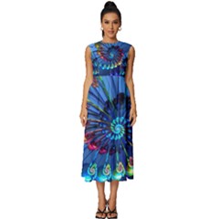 Top Peacock Feathers Sleeveless Round Neck Midi Dress by Ket1n9