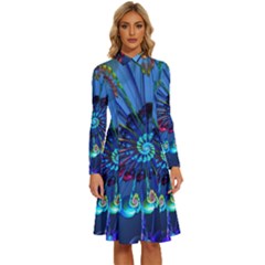 Top Peacock Feathers Long Sleeve Shirt Collar A-line Dress by Ket1n9