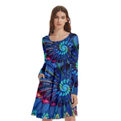 Top Peacock Feathers Long Sleeve Knee Length Skater Dress With Pockets by Ket1n9