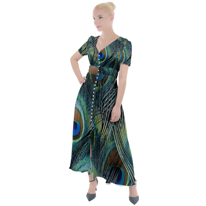 Feathers Art Peacock Sheets Patterns Button Up Short Sleeve Maxi Dress