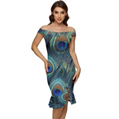 Feathers Art Peacock Sheets Patterns Off Shoulder Ruffle Split Hem Bodycon Dress by Ket1n9