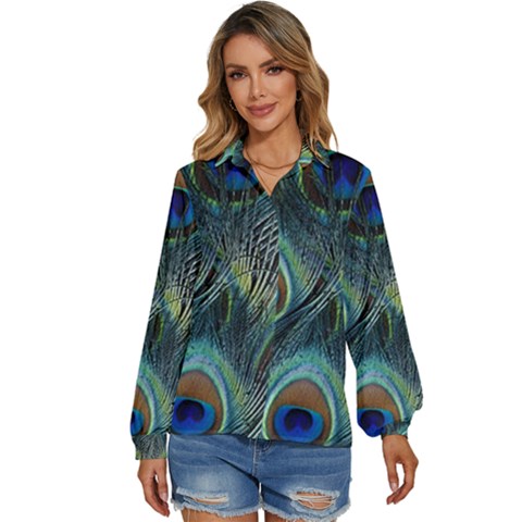 Feathers Art Peacock Sheets Patterns Women s Long Sleeve Button Up Shirt by Ket1n9