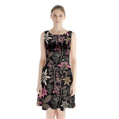 Flower Art Pattern Sleeveless Waist Tie Chiffon Dress by Ket1n9