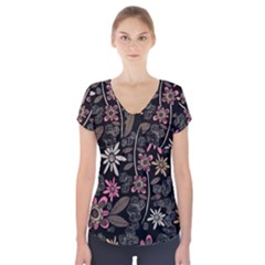 Flower Art Pattern Short Sleeve Front Detail Top by Ket1n9